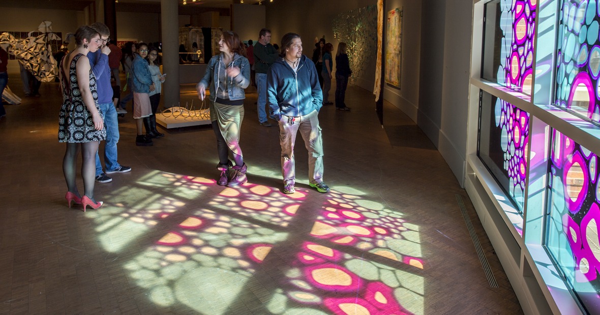A colorful pattern of sunlight shines into the Museum of Art.