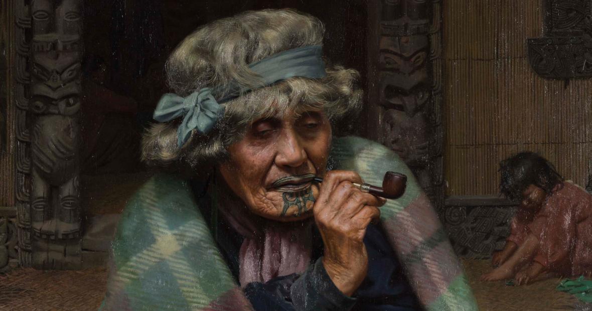 Painting of an older woman smoking a pipe with a child in the background