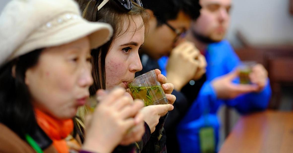Jin Feng and others drink green tea from clear cups