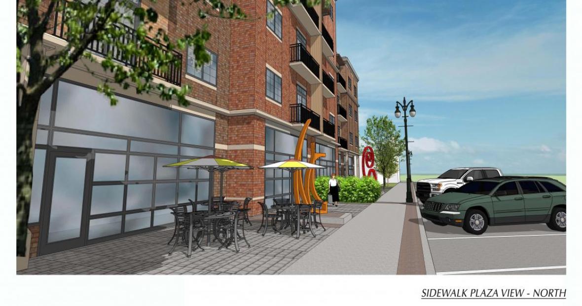 Rendering of Grinnell Promenade from eyelevel on the sidewalk 