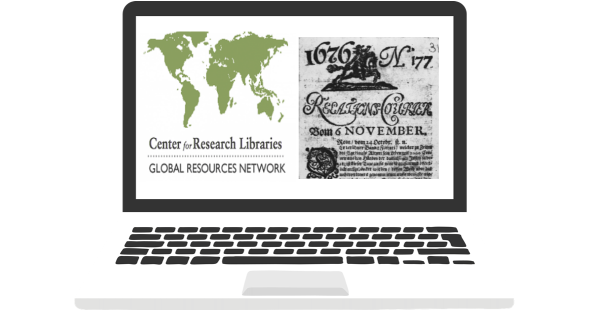 Illustration of computer with Center for Resource Libraries Global Resources Network logo