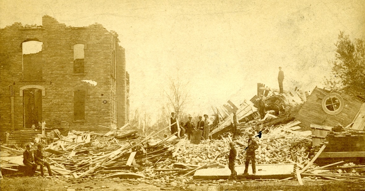 Photo of damage caused by 1882 cyclone in Grinnell