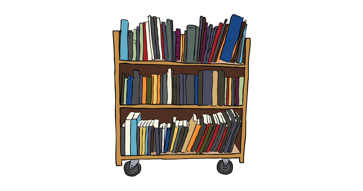 A handdrawn bookcart with books