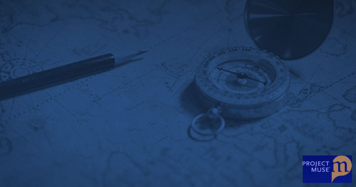 Blue tinted image of a compass and map on desk with small Project Muse logo in the corner