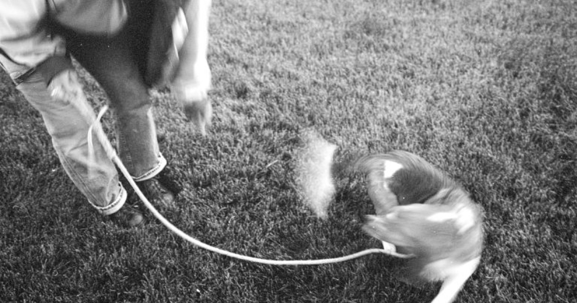 A black and white photo of a person bent over a dog holding a leash.