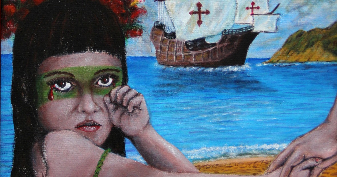 the painting shows a child holding someone's hand. The child looks at the view, a green bar painted across her eyes and teardrop falling. in the background, an old sailing ship with sails adorned with red crosses sits in a bay.