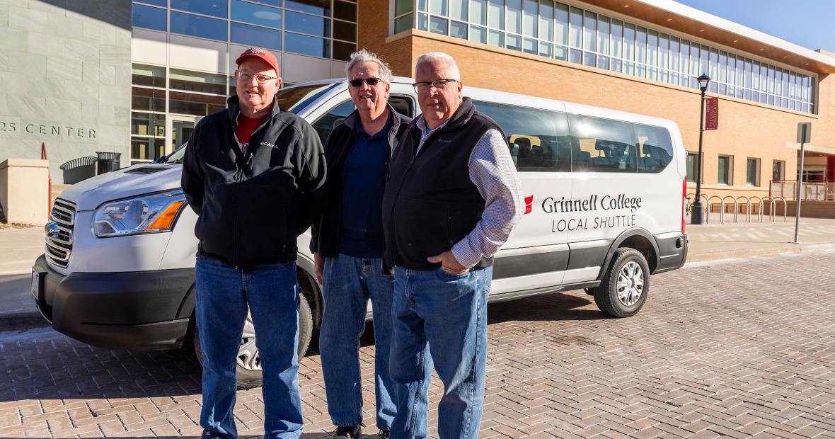 Grinnell College Local Shuttle drivers (pictured left to right) Larry Kramer, Jim White, and Billy Gilbreaith foster connections and enrich experiences for students through their conversations and shared journeys. 