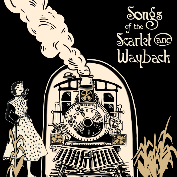 Sepia toned black and white graphic with a steam engine train, corn stalks, woman in vintage dress, and the show title.
