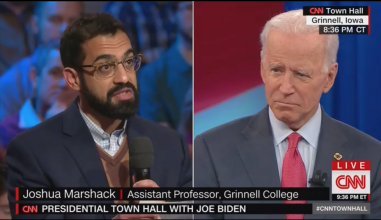 Assistant Professor Joshua Marshack asks Joe Biden a question