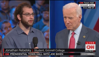 Student Jonathan Rebelsky asks Joe Biden a question