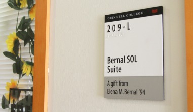 Room number sign of the SOL Suite, which reads, "209-L Bernal SOL Suite: a gift from Elena M. Bernal '94."