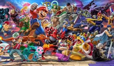 A bunch of characters from the Mario Universe are scattered throughout the picture, with Mario in the center. The text on top reads, "Super Smash Bros: Ultimate."