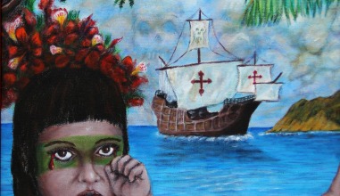 A painting from contemporary Taíno artist Albert Areizaga showcases the destruction that European colonization brought to the Caribbean.