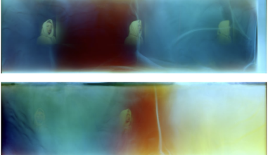Two strips of blue and brown film with swirls of white strings all over the image. On the picture, Kelly Banfield's head is wrapped and in each third of the image, their head is slightly turned.