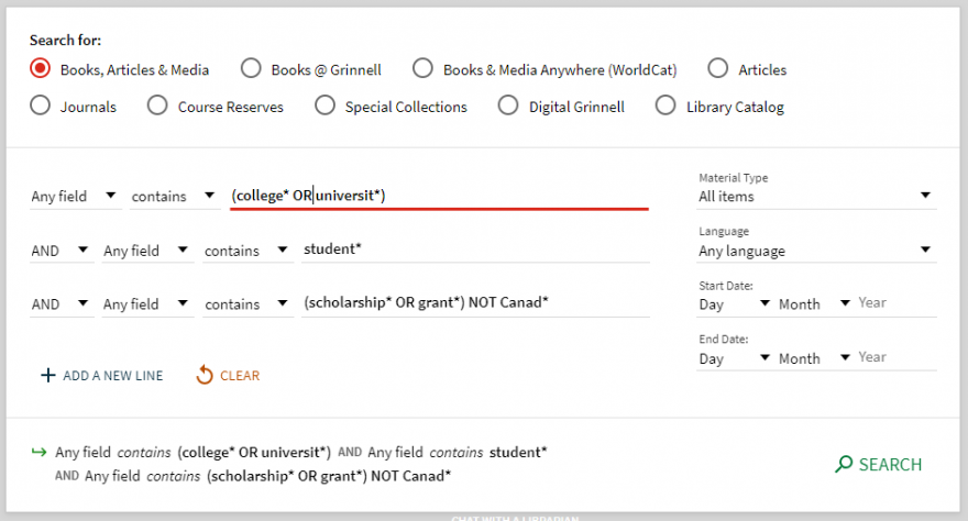 Excluding search terms in Primo library catalog