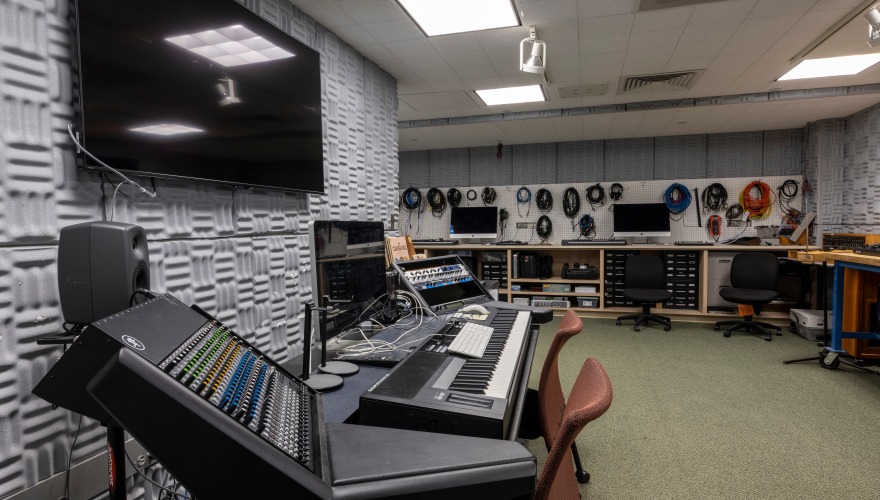 The electronic music studio containing a wide variety of electronic equipment