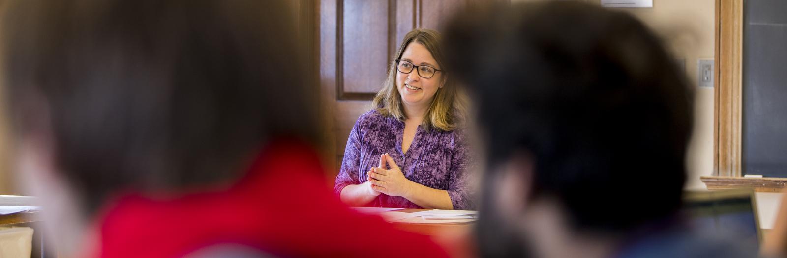 Tammy Nyden, Associate Professor of Philosophy, teaches a class in Steiner Hall
