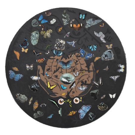 2.	William Villalongo, American, b. 1975. Specimen, 2023. Stenciled linen pulp paint, black abaca, and collaged inkjet prints on black cotton base sheet., 21 in. diameter. Grinnell College Museum of Art Collection.