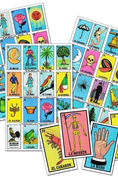 Image of the Mexican Loteria game. Shows four sample cards and 3 Loteria boards.