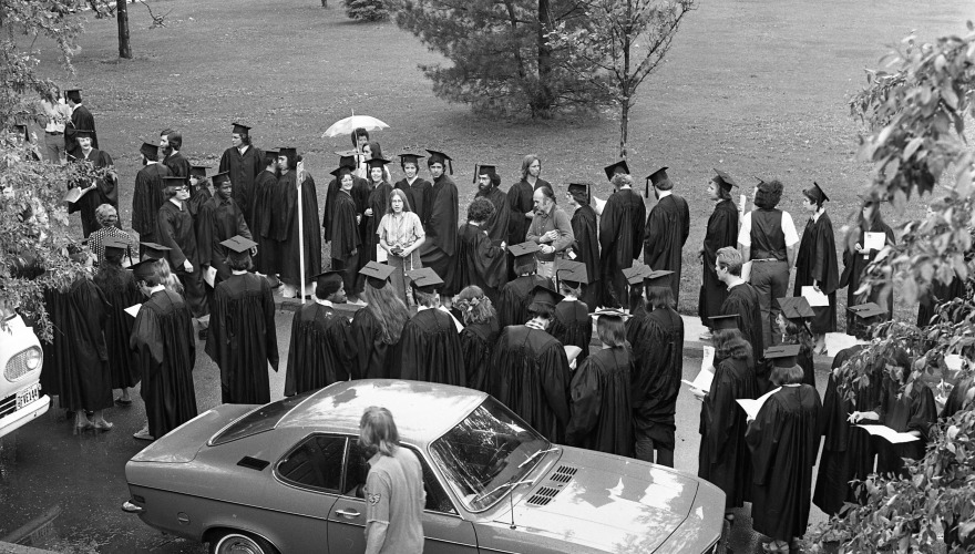 Graduates lining up for 1975 commencement.