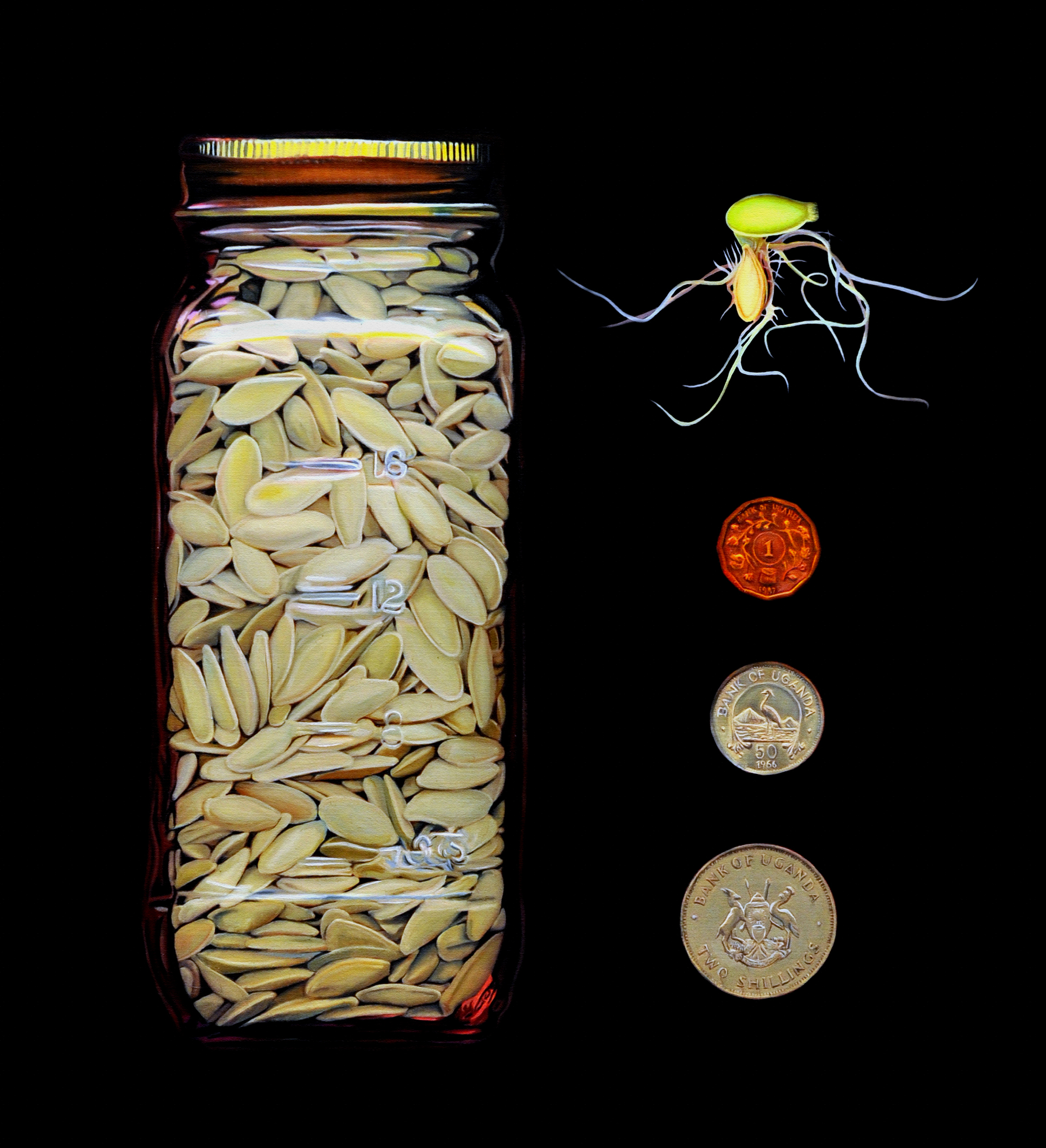 2011 Grinnell Prize painting with sprouted seed and coins vertically on right.