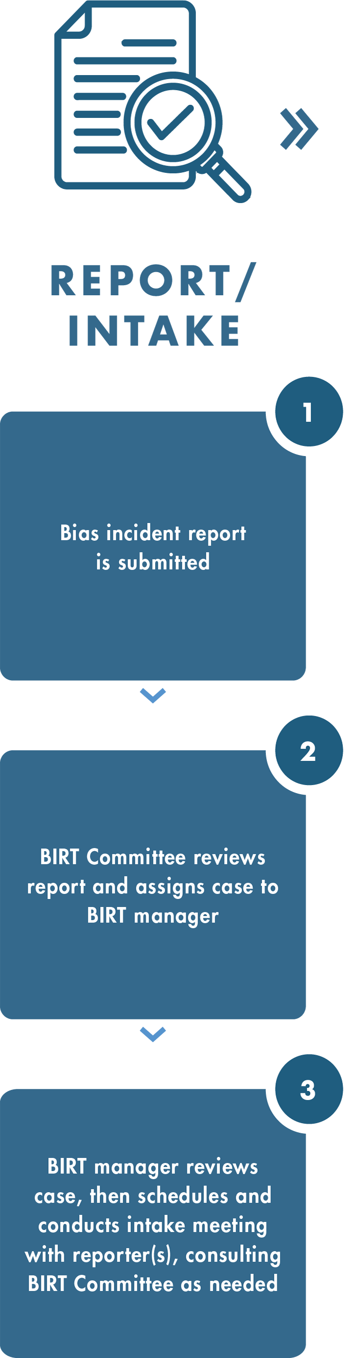 Report and Intake  1. Bias incident report is submitted. 2. BIRT Committee reviews report and assigns case to BIRT manager. 3. BIRT manager reviews case, then schedules and conducts intake meeting with reporter, consulting BIRT Committee as needed.
