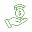 Icon of a hand holding a dollar sign in a circle with a graduation cap above.