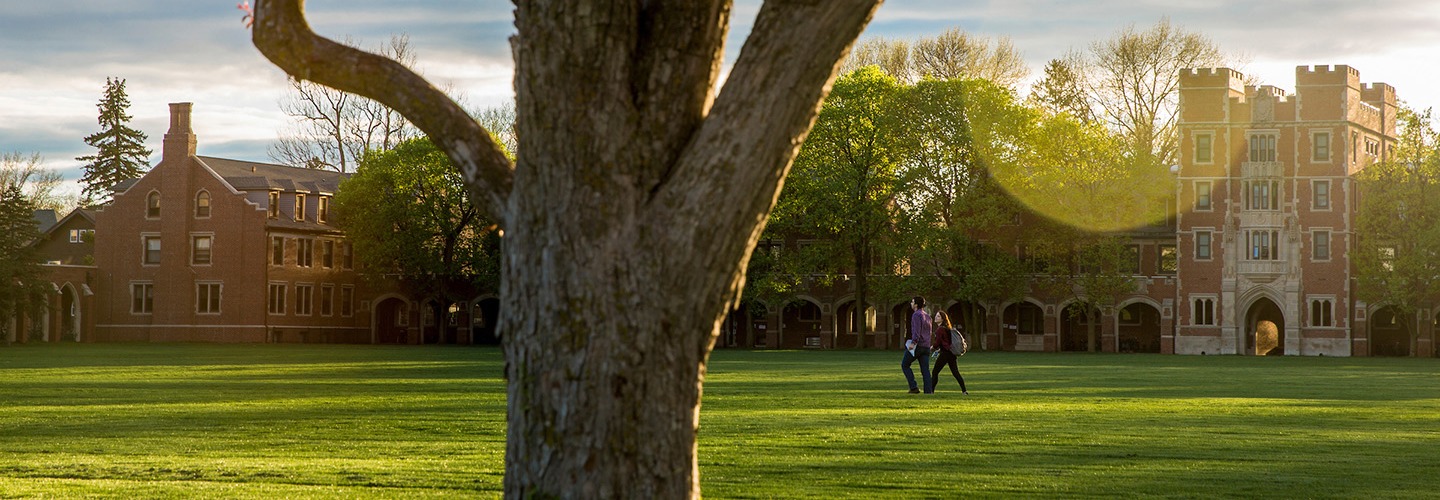 A large tree stands in the foreground of a green campus lawn. Two people walk across North Campus between brick buildings as sunlight filters through the trees, creating a warm glow.