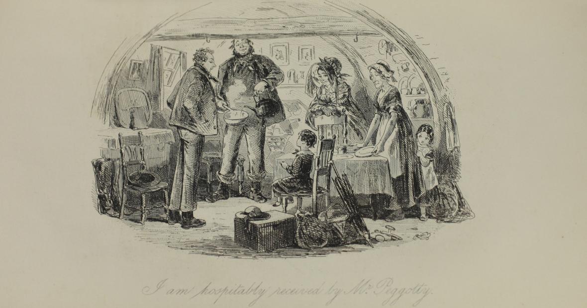 Illustration containing the caption, “I am hospitably received by Mr. Peggotty.”