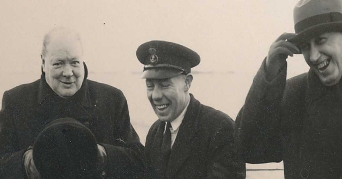 Harry Hopkins laughing with Winston Churchill