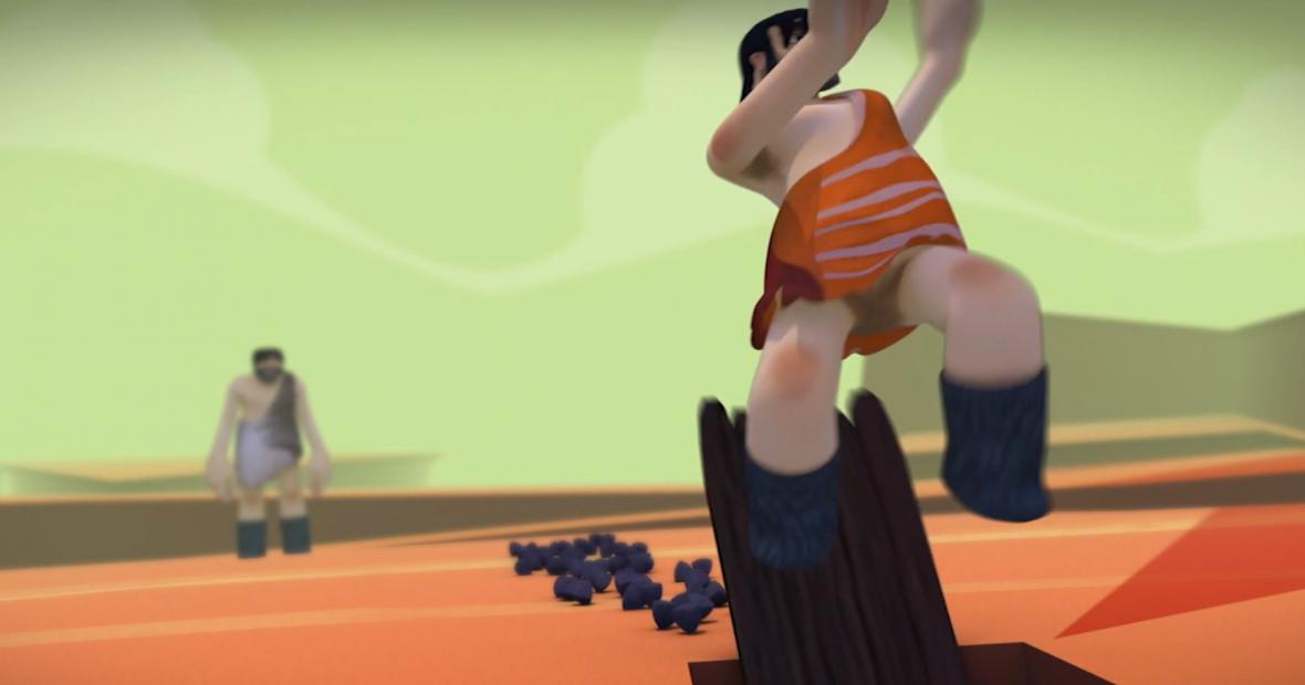 Cartoon caveman surfing over small shapes and into a hole