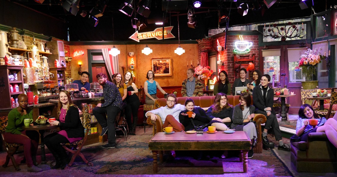 Students lounge around the set of the cafe from Friends.