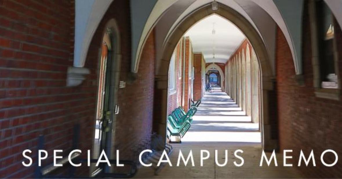 Image of loggia with text: Special Campus Memo