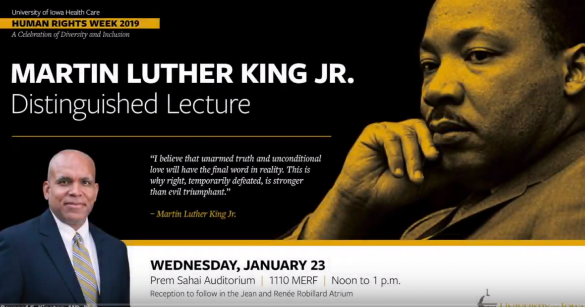 Poster promoting Raynard Kington speech at University of Iowa MLK event