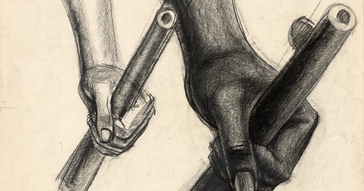 drawing of hand holding rifle 