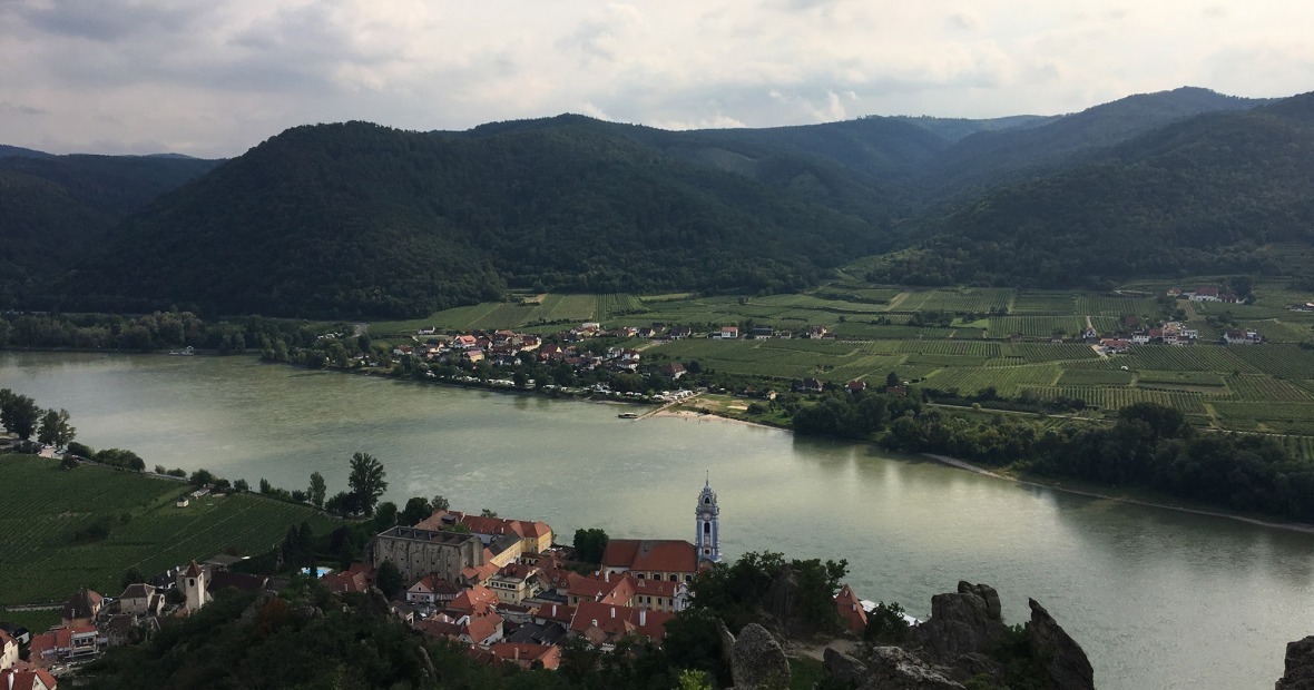 Aerial view of a village on the Danube in Austria