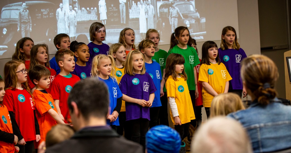 Grinnell Children's Choir singing at the Grinnell Works Opening 