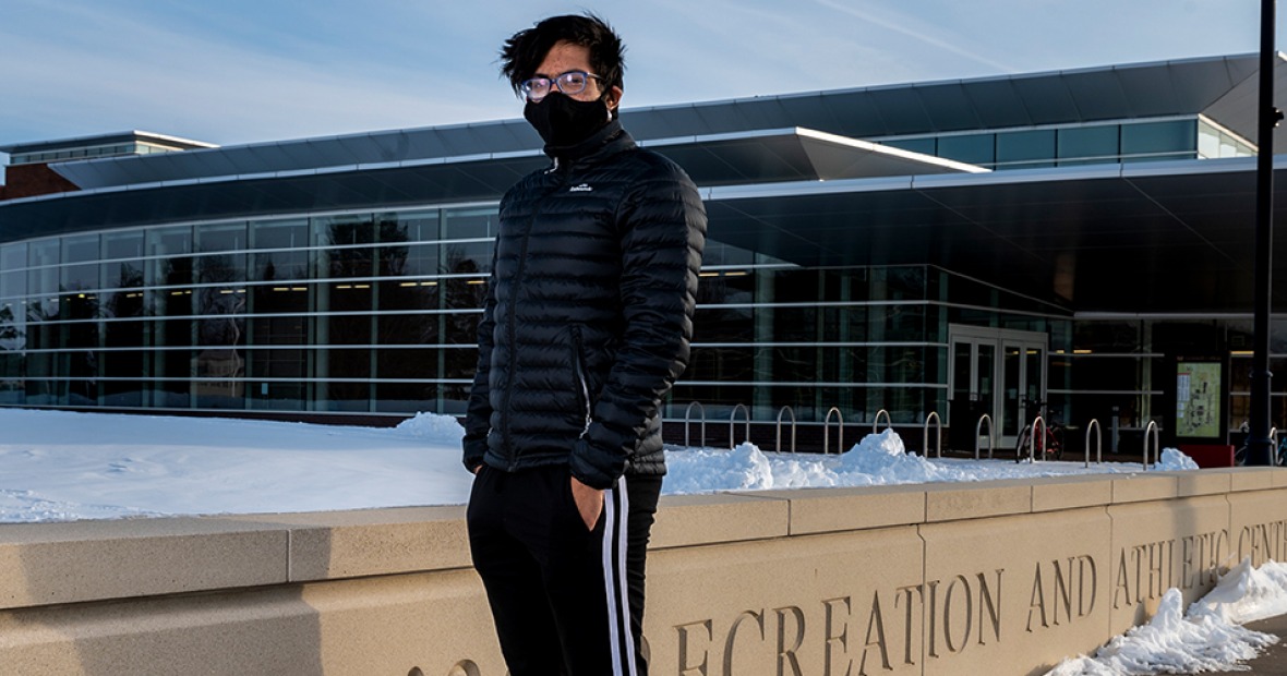 Vidush Goswami outside the Bear Athletic and Recreation Center in winter