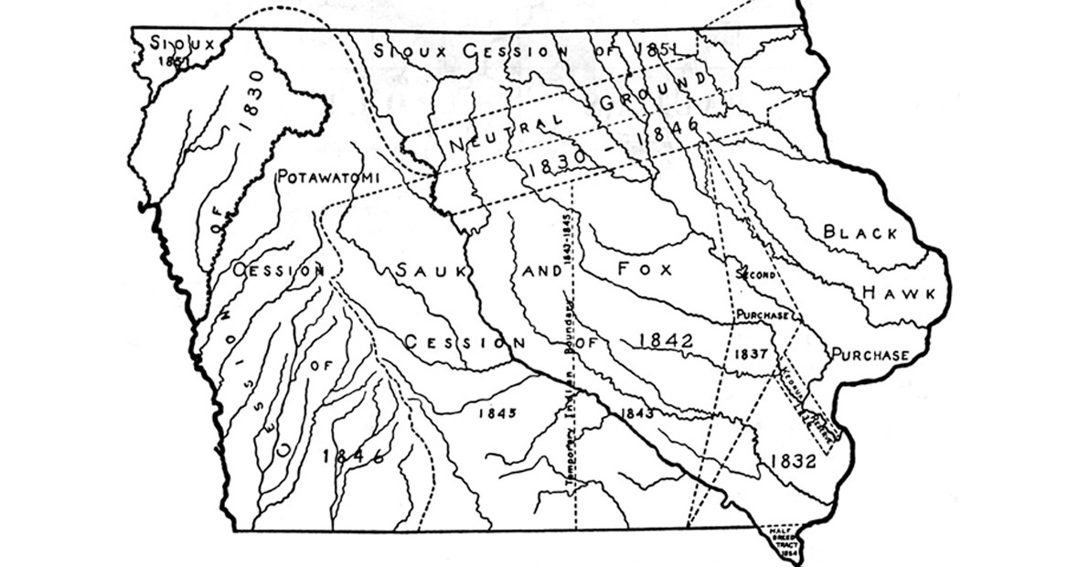Line map of Iowa showing where Indigenous Peoples lived before being pushed out