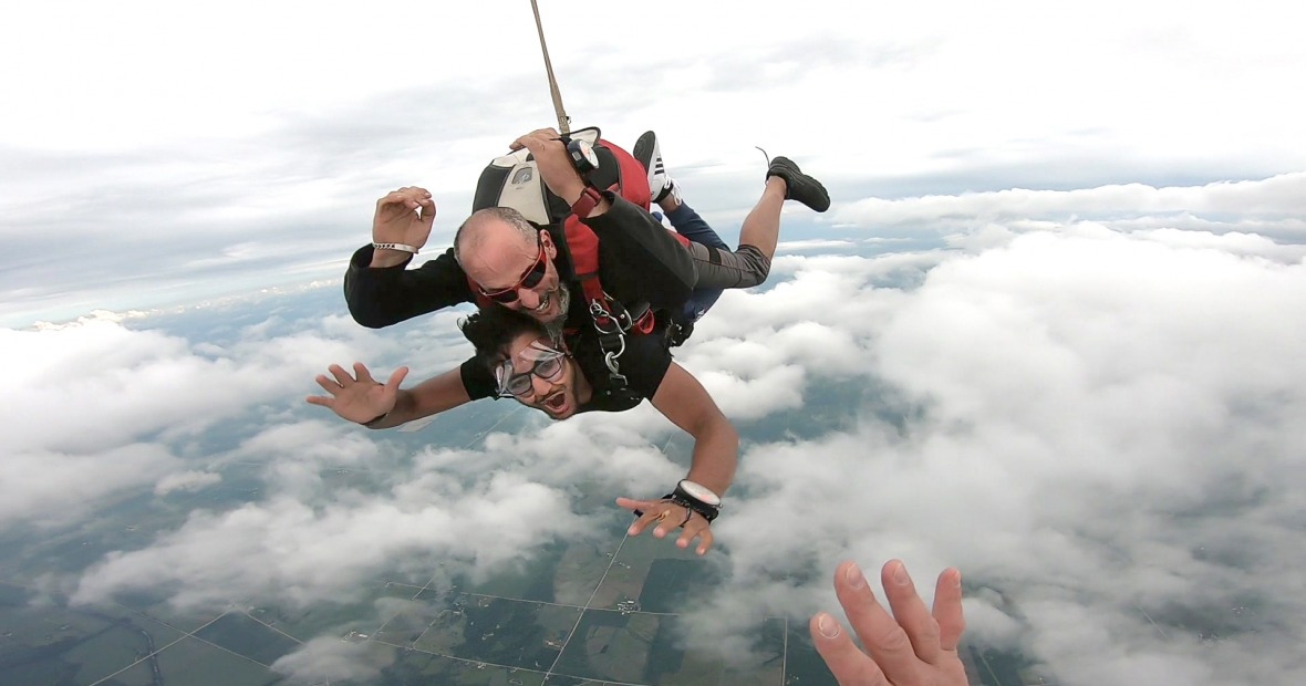 Shrey Agrawal skydiving in Brooklyn, Iowa