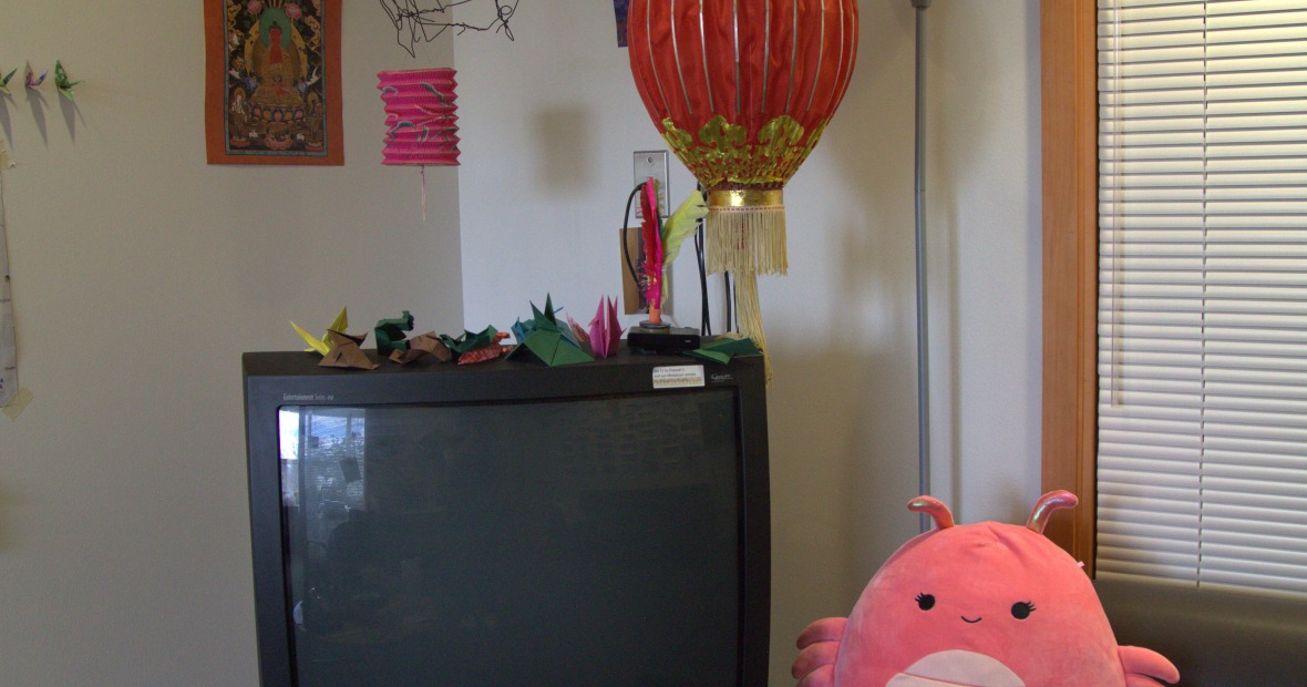 Posters and a lantern hang above a TV with a Squishmellow pillow next to it.