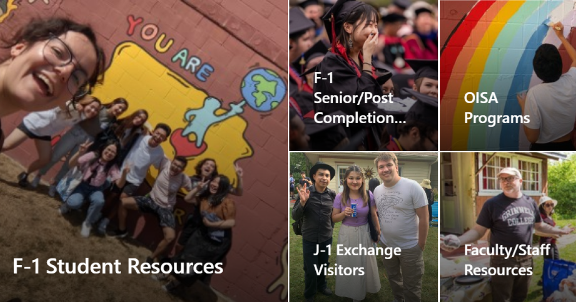 Preview of a webpage that includes five images of students, exchange visitors, and faculty which act as links to the OISA resources listed