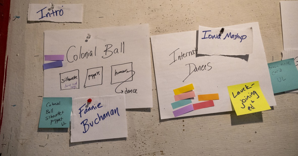 Pieces of paper tacked onto a bulletin board. There is a piece of paper that says "Intro," and papers that read, "Colonial Ball" and "Iowa Mashup."