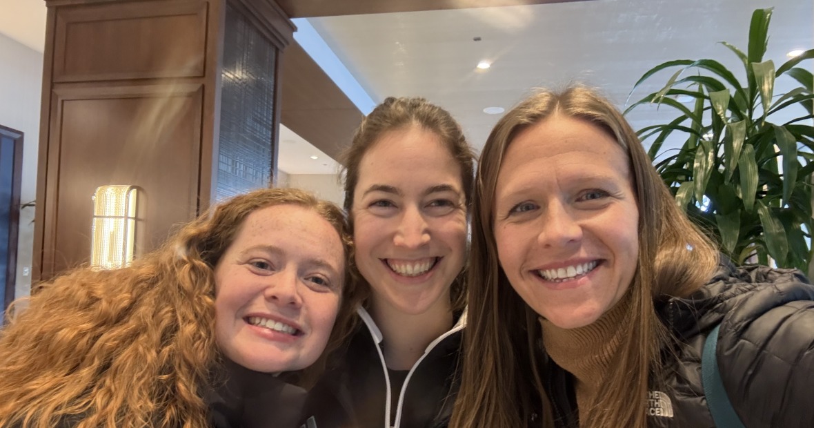From left: Women’s Soccer Head Coach Kirsten Koester with Grinnell soccer alums Katy Oldach '16 and Lauren Hurley ’18, both of whom are now high school coaches,  at the United Soccer Coaches Convention in Chicago. 