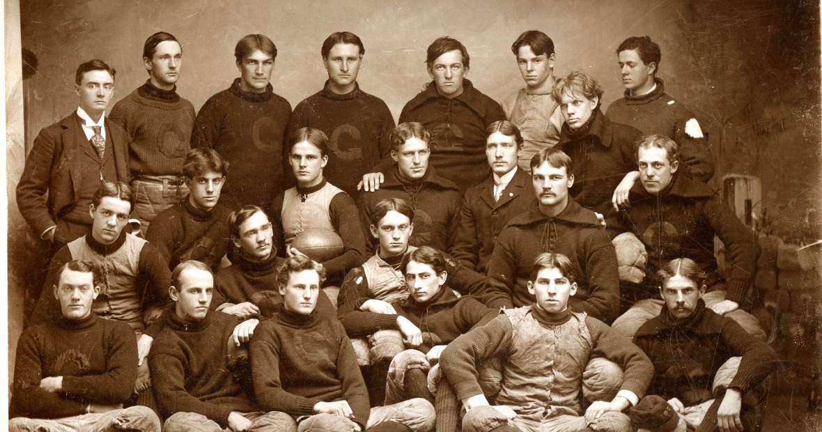 A vintage black and white photo of the 1894 Iowa College football team