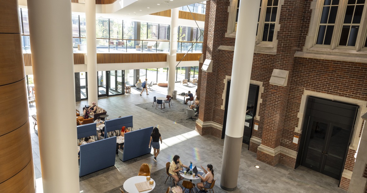 Students sitting in HSSC lobby
