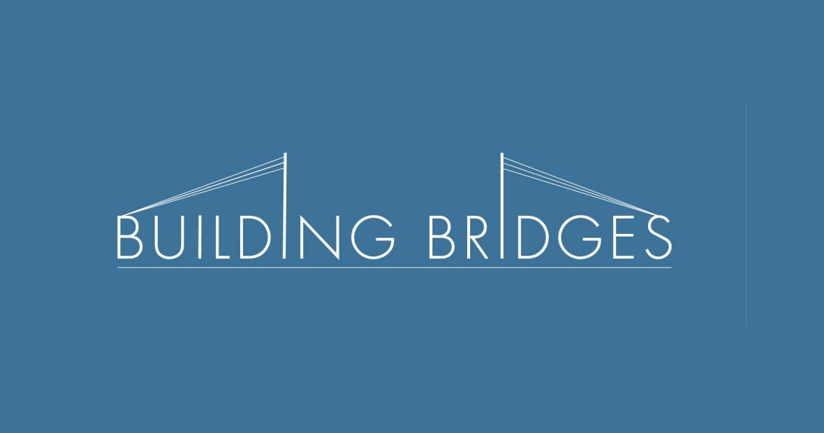 White text on blue background reads Building Bridges. The words are integrated into a stylized suspension bridge