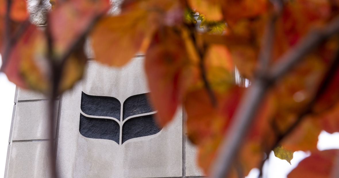 orange and yellow leaves over grinnell college logo 