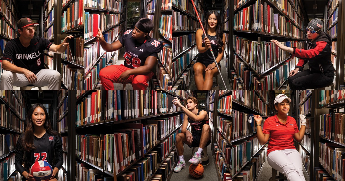 A montage of Grinnell student athletes in uniform in the library stacks