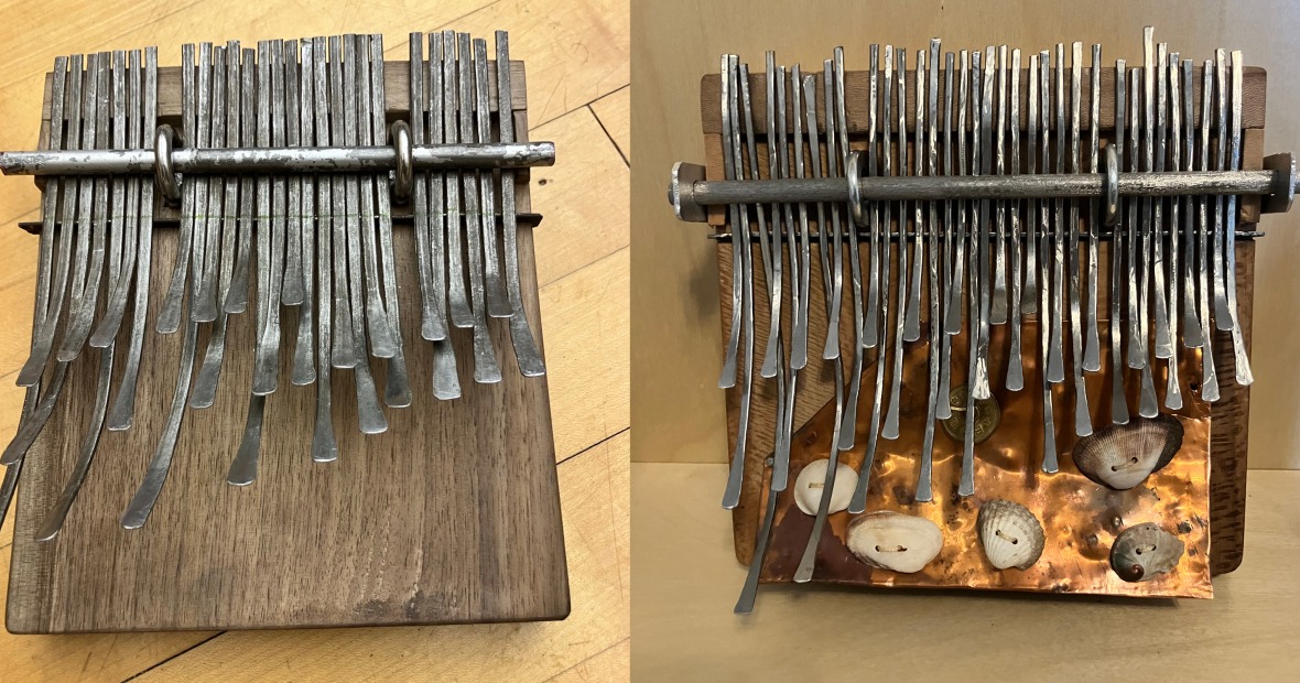 Mbira dzaVaNdau instruments made in class feature many metal keys attached to a board; some are also embellished with shells.